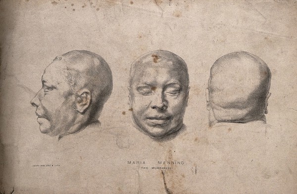 The death-mask of Maria Manning, the murderer: three views. Lithograph by John Lane.