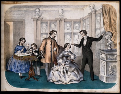 A phrenologist and some society people in a parlour. Coloured lithograph by H. Jannin after L.C. Bommier (?).