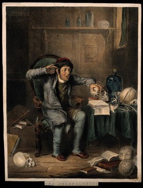 An anxious man comparing his own head to a skull, using the technique of phrenology. Coloured lithograph after T. Lane, c. 1825.