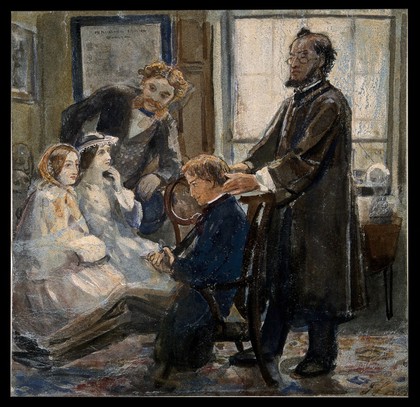 A phrenologist working on the head of a boy. Watercolour painting by J. Leech.