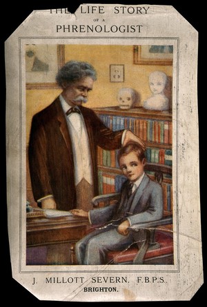 view Joseph Millot Severn, a British phrenologist, examining a boy. Colour process print, c. 1929.