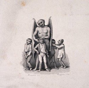 view The devil examining the head of a boy; three other boys lurk under the devil's wings; frontispiece to a manual on phrenology. Steel engraving by J.D. Nargeot, 1847, after H. Bruyères.