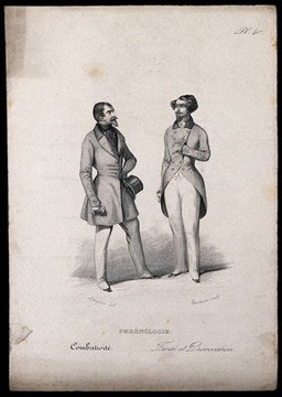 A man challenges another; exhibiting boldness, classed phrenologically under the 'propensity' of combativeness. Steel engraving by Contenau, 1847, after H. Bruyères.