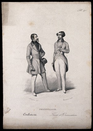 view A man challenges another; exhibiting boldness, classed phrenologically under the 'propensity' of combativeness. Steel engraving by Contenau, 1847, after H. Bruyères.