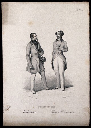 A man challenges another; exhibiting boldness, classed phrenologically under the 'propensity' of combativeness. Steel engraving by Contenau, 1847, after H. Bruyères.