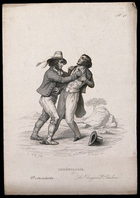 An Italian brigand attacking a gentleman on a road; exhibiting the phrenological 'propensity' of 'destructiveness'. Steel engraving by S. Wolff, 1847, after H. Bruyères.