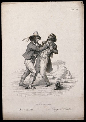 view An Italian brigand attacking a gentleman on a road; exhibiting the phrenological 'propensity' of 'destructiveness'. Steel engraving by S. Wolff, 1847, after H. Bruyères.