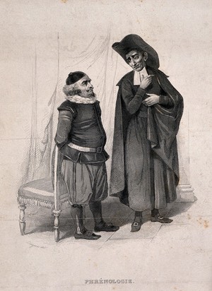 view Bazile and Bartolo, characters from a story by Beaumarchais, representing the phrenological 'propensity' of secretiveness. Steel engraving by Geoffroy, 1847, after H. Bruyères.