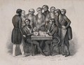 view A crowd watches as two men gamble; representing the phrenological faculty of acquisitiveness. Steel engraving by L.A. Portier, 1847, after H. Bruyères.