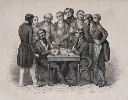 A crowd watches as two men gamble; representing the phrenological faculty of acquisitiveness. Steel engraving by L.A. Portier, 1847, after H. Bruyères.