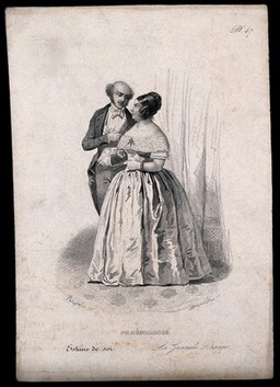 A woman in evening dress, attended by a man; the woman representing the 'sentiment' of self esteem, a 'faculty' according to phrenology. Steel engraving by J-I-L. Desjardins, 1847, after H. Bruyères.