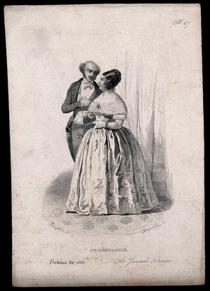 view A woman in evening dress, attended by a man; the woman representing the 'sentiment' of self esteem, a 'faculty' according to phrenology. Steel engraving by J-I-L. Desjardins, 1847, after H. Bruyères.