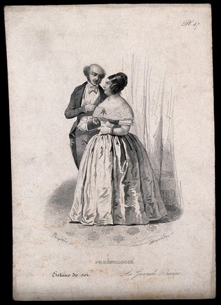 A woman in evening dress, attended by a man; the woman representing the 'sentiment' of self esteem, a 'faculty' according to phrenology. Steel engraving by J-I-L. Desjardins, 1847, after H. Bruyères.