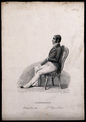 A man sitting erect on a chair; representing pride as a type of the 'sentiment' of self esteem, a phrenological 'faculty'. Steel engraving by C. Devrits, 1847, after H. Bruyères.