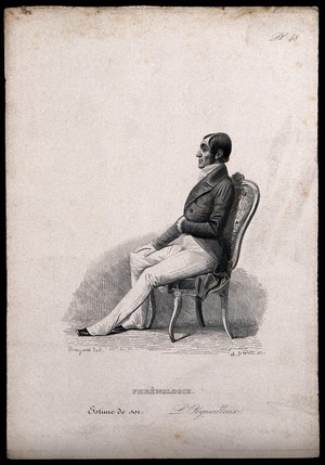 view A man sitting erect on a chair; representing pride as a type of the 'sentiment' of self esteem, a phrenological 'faculty'. Steel engraving by C. Devrits, 1847, after H. Bruyères.