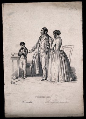 An opinionated child ignores his parents; representing the faculty of obstinacy in phrenology. Steel engraving, 1847, after H. Bruyères.