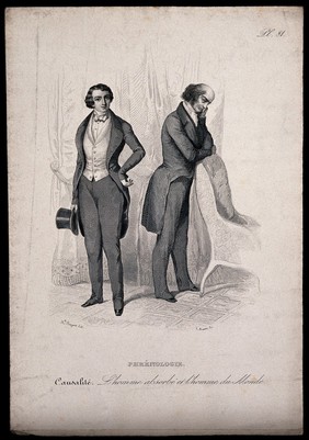 An introverted and an extroverted man; exhibiting excessive and lacking propensities connected with the faculty of causality (reflective thought) in phrenology. Steel engraving by E. Monnin, 1847, after H. Bruyères.