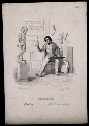 view An artist measures a model of the human body from a distance with one eye shut; representing the faculty of perception in extended space in phrenological classification. Steel engraving by J-I-L. Desjardins, 1847, after H. Bruyères.