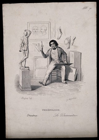 An artist measures a model of the human body from a distance with one eye shut; representing the faculty of perception in extended space in phrenological classification. Steel engraving by J-I-L. Desjardins, 1847, after H. Bruyères.