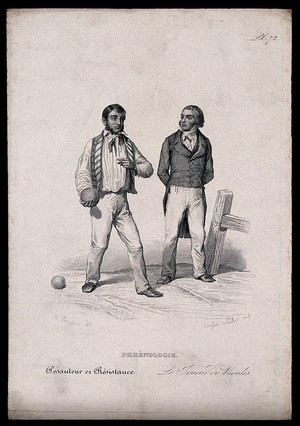 view Men of opposing social classes in a game of boules; illustrating the faculty of weight and resistance in phrenology. Steel engraving by A. Portier, 1847, after H. Bruyères.