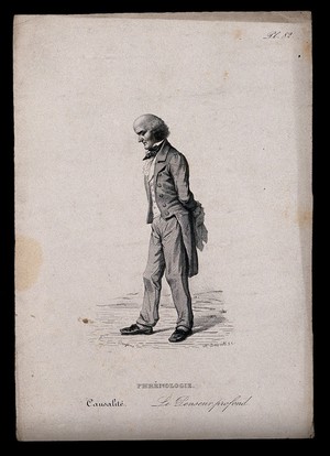 view A man with a large, protruding head walking with a heavy gait; illustrating the reflective faculty in phrenology. Steel engraving by A. Devrits, 1847, after H. Bruyères.