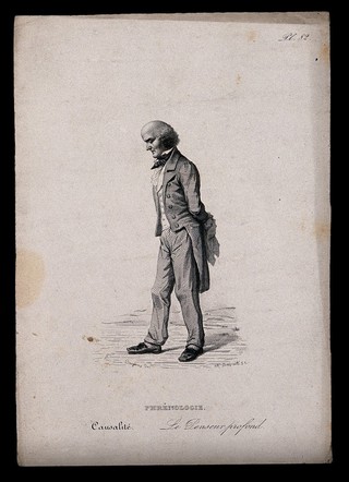 A man with a large, protruding head walking with a heavy gait; illustrating the reflective faculty in phrenology. Steel engraving by A. Devrits, 1847, after H. Bruyères.