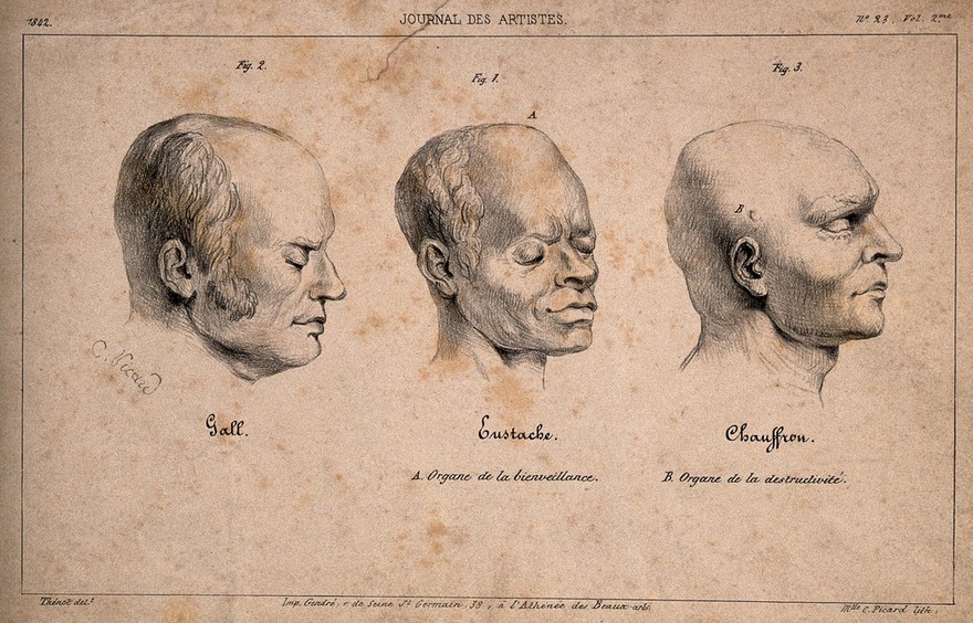 Three portraits shown for their phrenological exemplarity: Gall, Eustache and Chauffron. Lithograph by C. Picard, 1842, after J.P. Thenot.