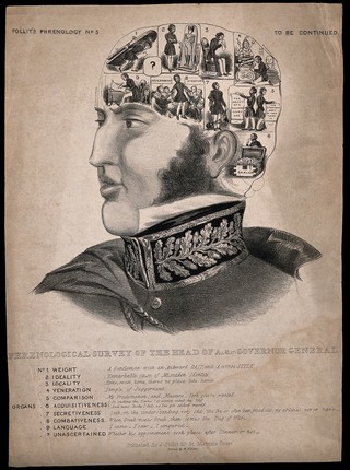 Phrenological head of Lord Ellenborough as Governor General of India 1841-1844. Lithograph, ca. 1844.