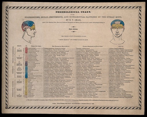 Phrenological chart, with list of 35 faculties. Wood engraving with letterpress, written by E.T. Craig, 1836.
