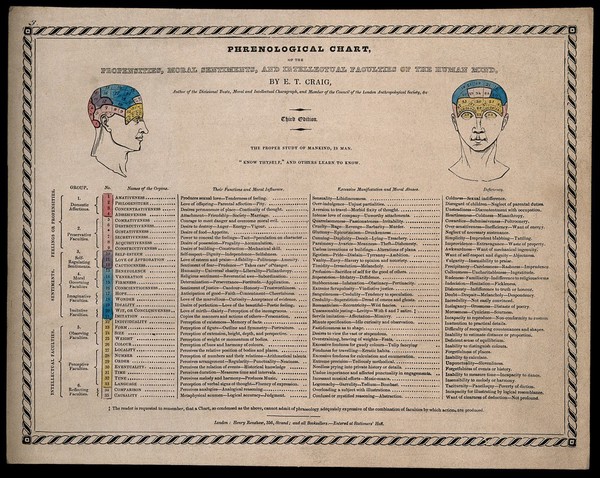Phrenological chart, with list of 35 faculties. Wood engraving with letterpress, written by E.T. Craig, 1836.
