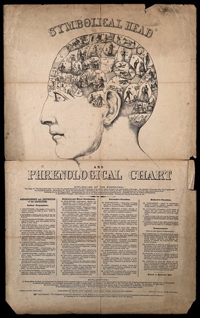 A head containing over thirty images symbolising the phrenological faculties. Wood engraving, c. 1845, after O.S. Fowler (?).