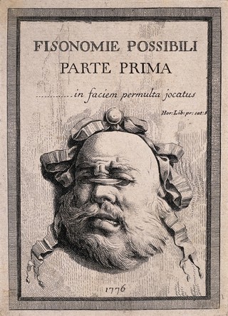Head of an old man with a bandage laced through his hollow eye-sockets. Engraving by B. Bossi, 1776.