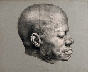 view Death mask of Eustache, a slave from the Dominican republic who came to be awarded a 'prize for virtue' in 1830's Paris. Lithograph, c. 1835.