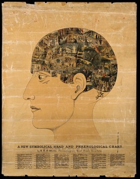 A head containing over thirty images symbolising the phrenological faculties, accompanied by a key. Coloured lithograph, c. 1875, after O.S. Fowler (?).