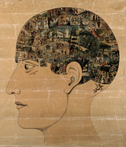 A head containing over thirty images symbolising the phrenological faculties, accompanied by a key. Coloured lithograph, c. 1875, after O.S. Fowler (?).