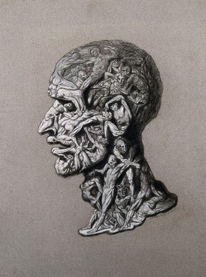 view The head of a man composed of writhing nude figures. Crayon drawing by Mischlenski (?), 1929, after F. Balbi.