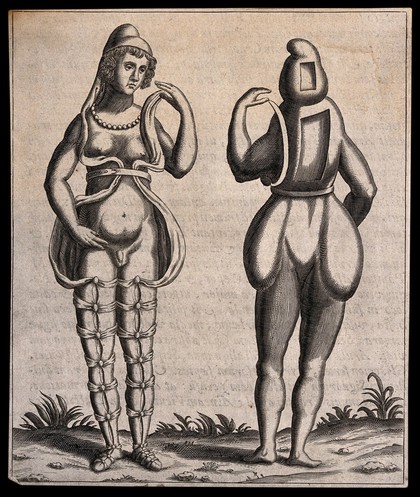 A statue of Attis, front and back views, showing male genitals and female breasts. Engraving, 1669.