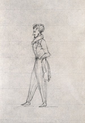 view A bearded man, seen in profile, standing with his hands in the pockets of his frock-coat. Drawing, c. 1818 (watermark).