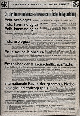 List of medical periodicals, including prices, printed on verso of contents page to Alfred Kast, Pathologisch-anatomische Tafeln. Letterpress, ca. 1897.