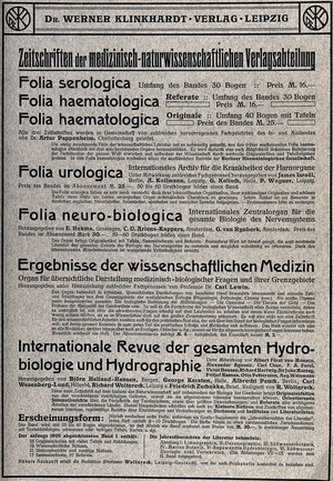 view List of medical periodicals, including prices, printed on verso of contents page to Alfred Kast, Pathologisch-anatomische Tafeln. Letterpress, ca. 1897.