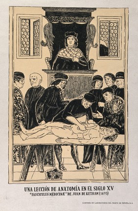 A dissection in progress: the anatomy professor at his lectern. Line block after a drawing after a woodcut, 1493.