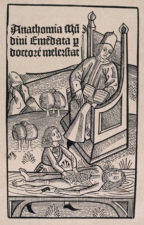 A man seated in a chair in a landscape, holding an open book, directing a dissection which is taking place in the foreground. Line block after a woodcut, c. 1493.