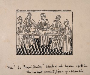 view A dissection, with five attending figures. Line block after a woodcut, 1482.