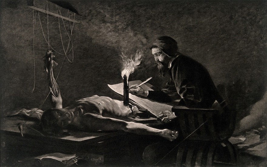 Michelangelo drawing from an anatomized cadaver. Photogravure after M. J. A. Mercié.