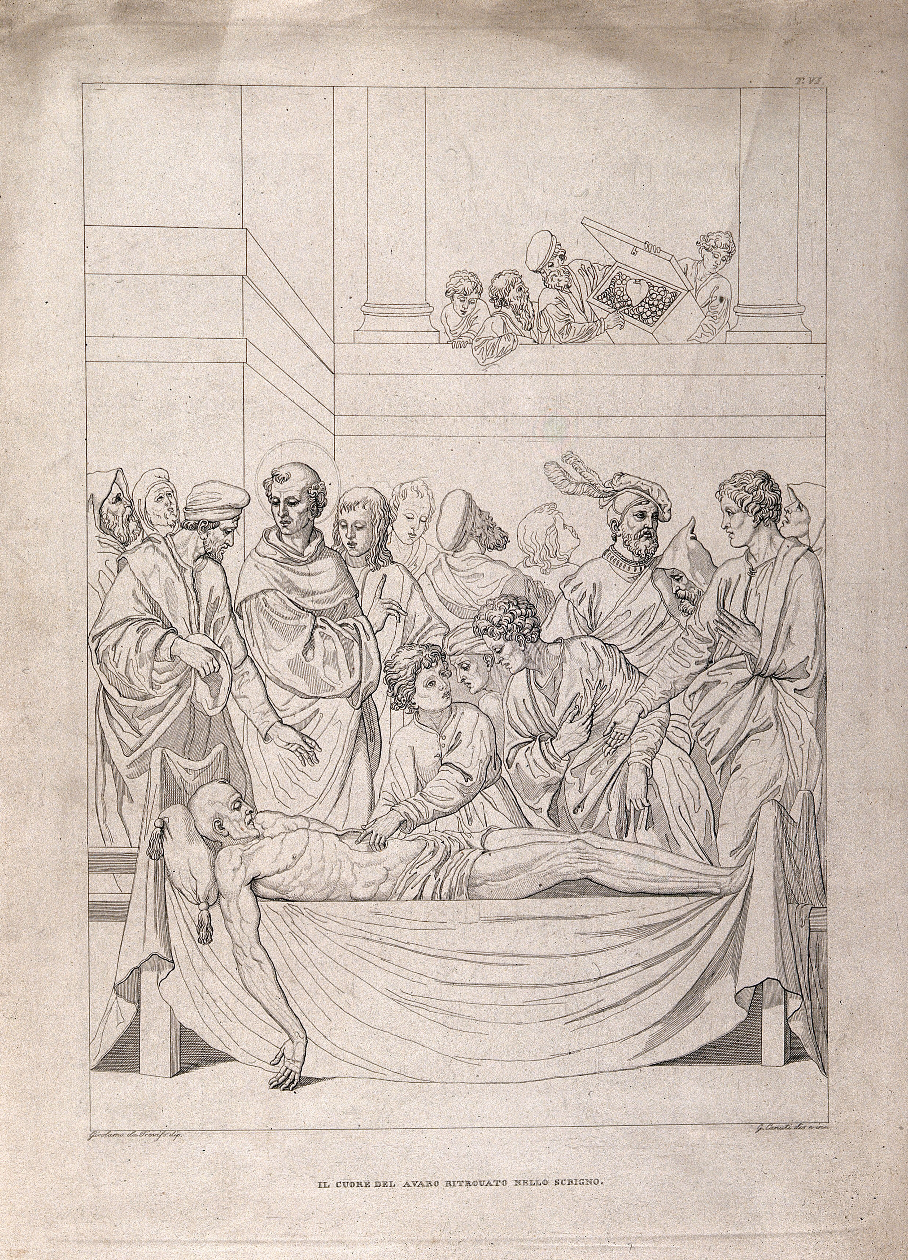 The dissection of the body of a miser in the presence of St Anthony of Padua: the miser's heart is found not in his body, but in a casket with his money. Engraving by G. Canuti after Girolamo da Treviso.