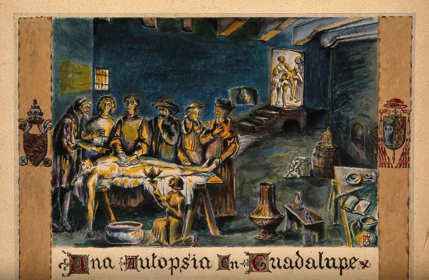 An anatomical dissection in an interior in Guadalupe. Gouache attributed to F. J. Blanco Juste, c. 1934.