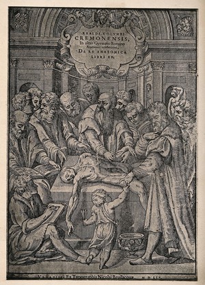 view An anatomical dissection by Realdus Colombus, attended by onlookers. Collotype after a woodcut, 1559.