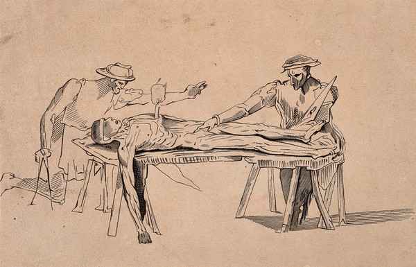 Two men studying a corpse by the light of a candle stuck in its chest. Etching after a drawing attributed to Polidoro Caldara (Polidoro da Caravaggio).