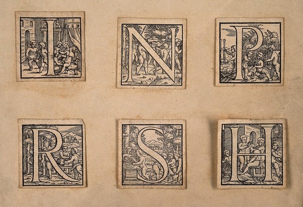 Eleven decorated initials from the Basel 1555 edition of Andreas Vesalius's De humani corporis fabrica. Woodcuts, 1555.