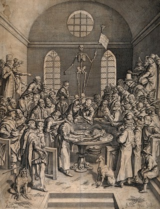 An anatomical dissection by Pieter Pauw in the Leiden anatomy theatre. Engraving by Andries Stock after a drawing by Jacques de Gheyn II, 1615.